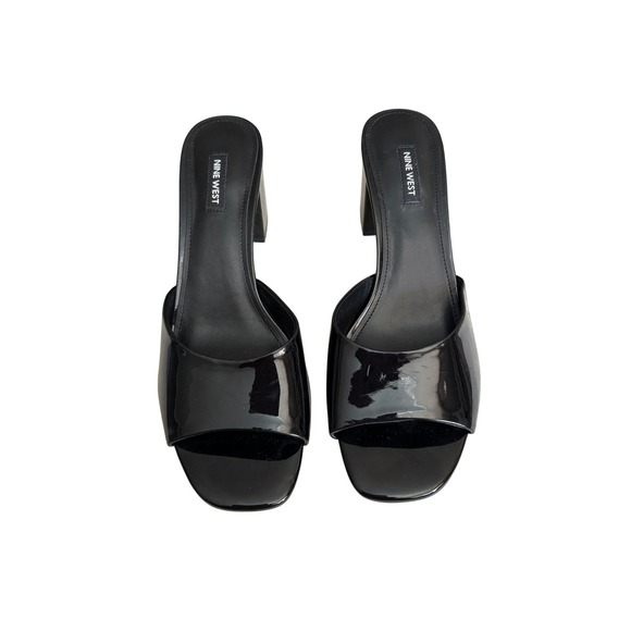 Nine West Shoes - Nine West Black Patent Leather Block Heel Slide Sandals Mules Square Toe Size 10